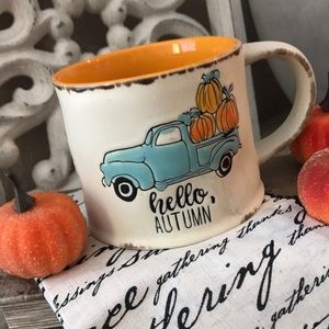 Fall Harvest Autumn Farmhouse coffee mug with adorable blue Pick up truck